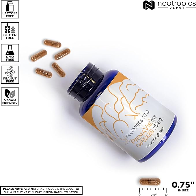 Nootropics Depot PrimaVie Shilajit Capsules | 250mg | 90 Count | Purified Extract | Ayurvedic Herb | Supports Mitochondrial Function + Boosts Endurance