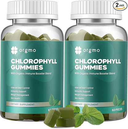 Chlorophyll Gummies for Body Odor Deodorant 2 Pack, Spirulina Chlorella Sugar Free Herbal Supplement for Immune Support, Women Vitamins Gummy Vegan Non-GMO