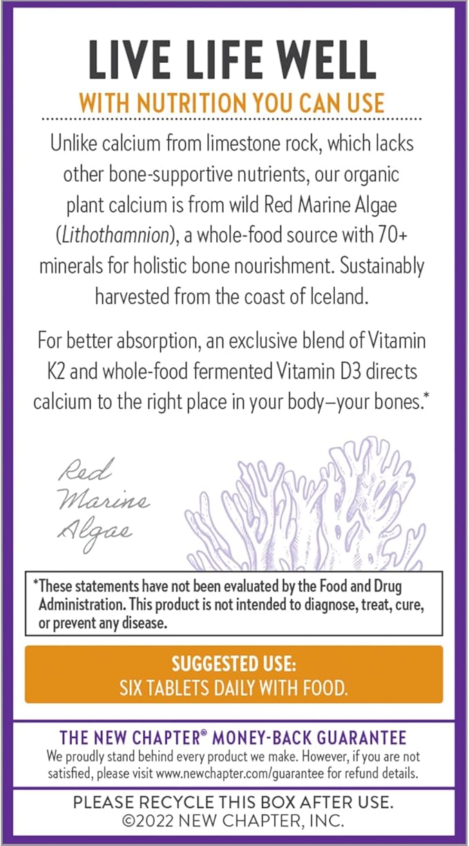 New Chapter Calcium Supplement - Bone Strength Tiny Tabs Organic Calcium with Magnesium, Vitamin D3+K2, 70+ Trace Minerals for Bone Health, Gluten Free, Easy to Swallow - 120 ct