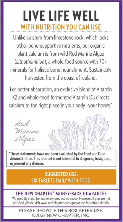 New Chapter Calcium Supplement - Bone Strength Tiny Tabs Organic Calcium with Magnesium, Vitamin D3+K2, 70+ Trace Minerals for Bone Health, Gluten Free, Easy to Swallow - 120 ct