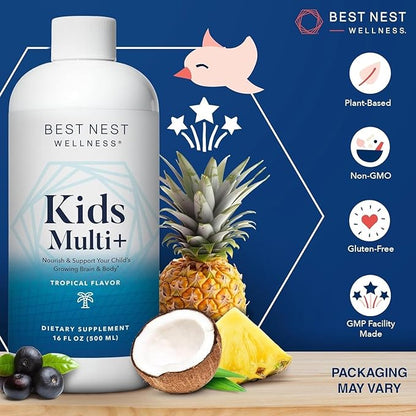 Best Nest Wellness Kids Multi Plus - Brain Health Support Supplement for Kids - Liquid Multivitamin with Methylated Vitamins - Nutritional Supplement Aids Immune Health - Tropical Flavor, 16 fl oz