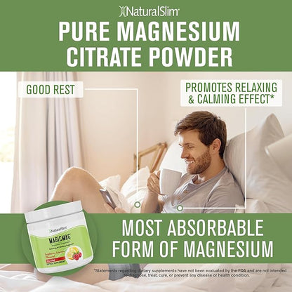 NaturalSlim Magicmag Pure Magnesium Citrate Powder Stress, Constipation, Muscle, Heart Health, and Sleep Support | Raspberry Lemon Magnesium Supplement - 8oz Drink Mix (Solo)