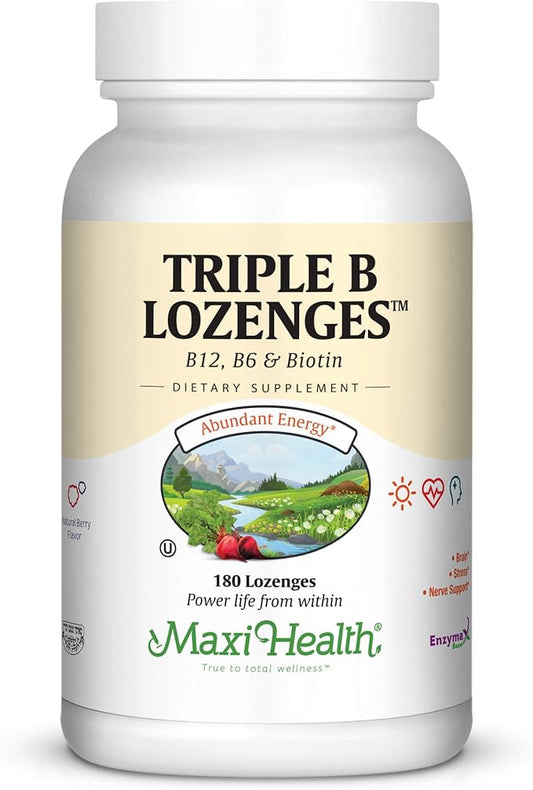 Maxi Health Triple B Lozenges - Vitamin B12 & B6 & Biotin - Strawberry Flavor - 180 Chewies - Kosher