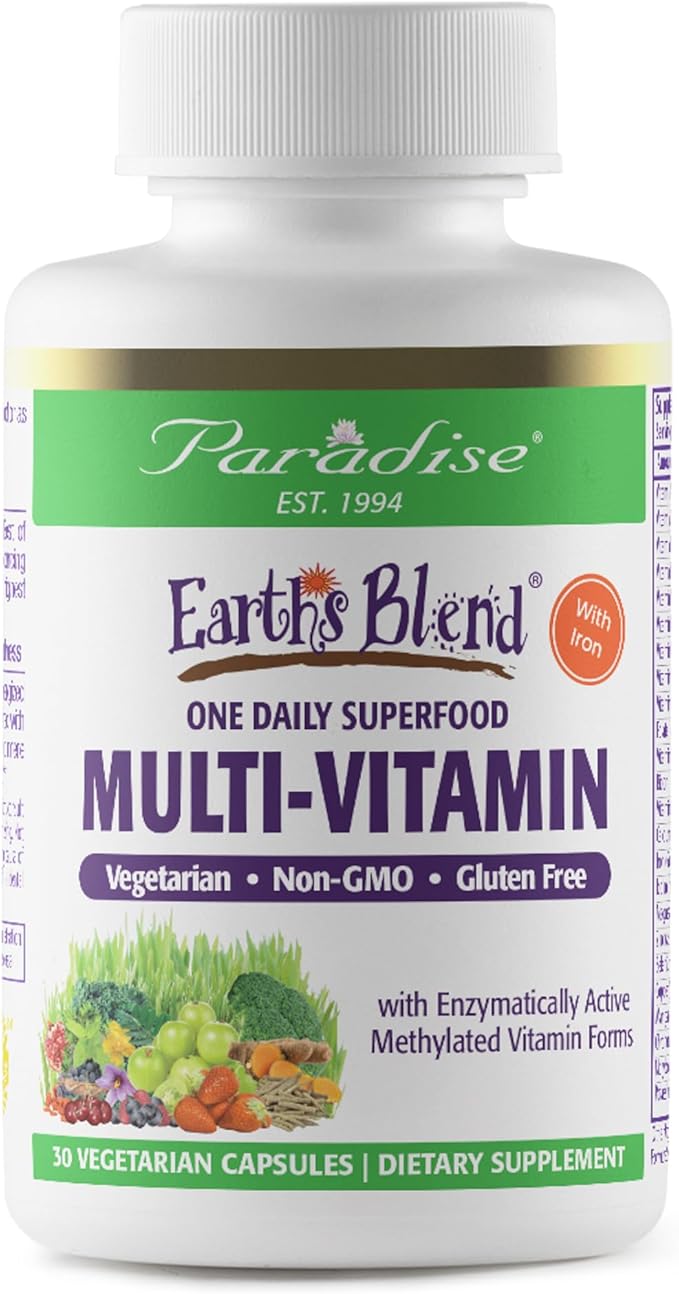 Paradise Herbs Earth's Blend Women's One Daily Multivitamin with Iron, 48 Organic Superfoods, Probiotics, Antioxidants, Vitamins A, B12, C, D, K2, Daily Superfood, 30 Capsules