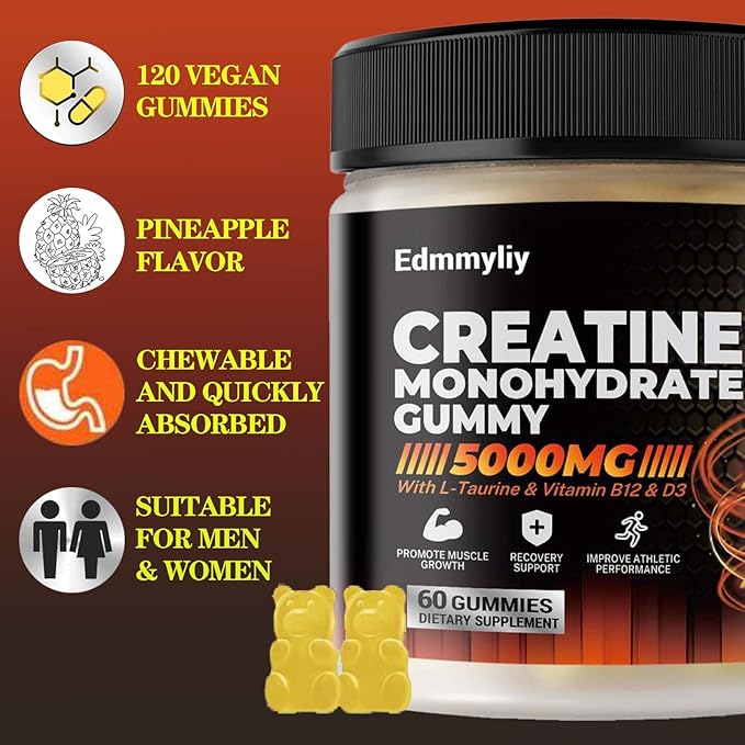 Sugar Free Creatine Monohydrate Gummies 5000mg for Men & Women Chewables Creatine Gummy with L-Taurine, Vitamin B12 & D3 for Muscle Builder, Energy Boost and Increase Strength 120 Counts (120 Counts)