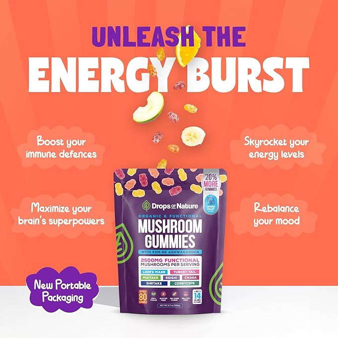 Ashwagandha and Lions Mane Mushroom Supplement Gummies - Organic - Reishi, Cordyceps, Turkey Tail, Maitake, Shitake, Chaga - Immune Defense, Boosts Cognitive Performance, Vegan, Low Carb