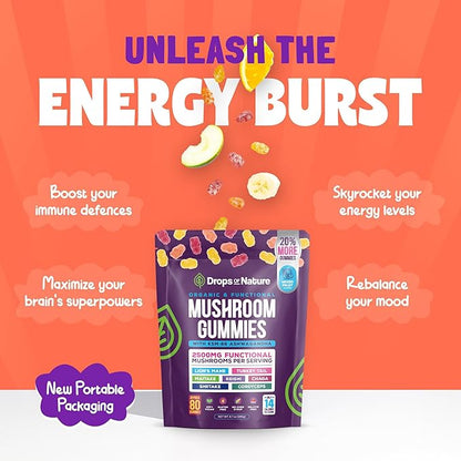 Ashwagandha and Lions Mane Mushroom Supplement Gummies - Organic - Reishi, Cordyceps, Turkey Tail, Maitake, Shitake, Chaga - Immune Defense, Boosts Cognitive Performance, Vegan, Low Carb