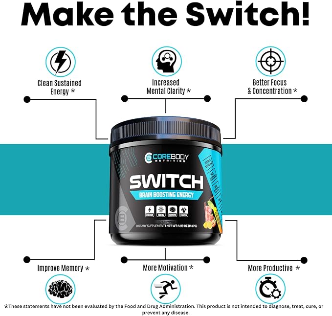 Switch, Brain Boosting Nootropic Energy Supplement, Increase Mental Focus & Cognitive Function, Enhances Mood & Memory, Alpha GPC, Ashwagandha, Sugar Free Energy Powder-Keto