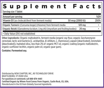 New Chapter Fermented Vitamin D3 2,000 IU, Organic, ONE Daily for Immune, Heart & Bone Support + Whole-Food Turmeric, Adaptogenic Reishi Mushroom, 100% Vegetarian, Gluten Free, 90 Count