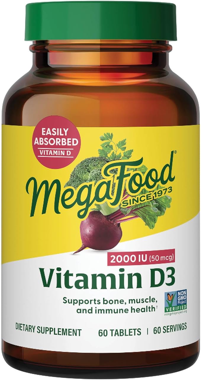 MegaFood Vitamin D3 2000 IU (50 mcg) - Vitamin D Supplements with Real Food, Immune Support, Supports Bones, Teeth & Muscles, Vegetarian, Certified Non-GMO, Kosher – 60 Tablets, 60 Servings