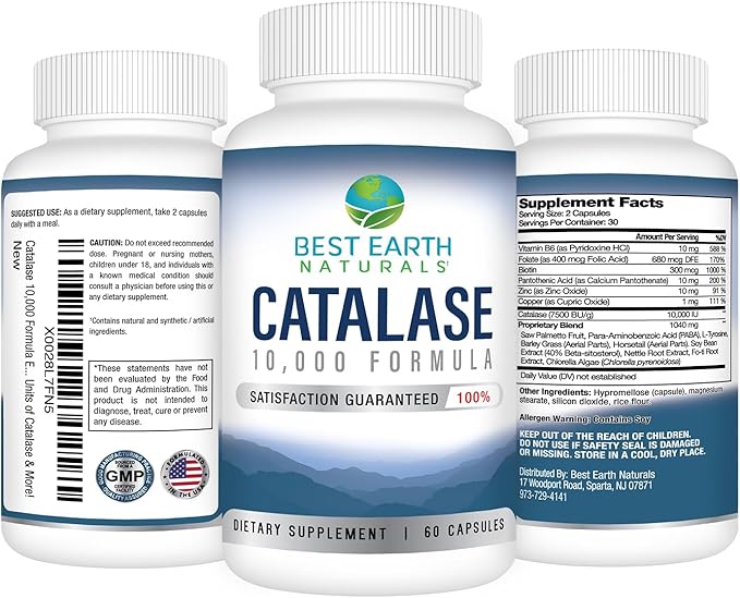 Best Earth Naturals Catalase Formula Starter Kit with 60 Capsules of Catalase 10,000 Supplement, Catalase Shampoo 8 Oz. and Catalase Conditioner 8 Oz.