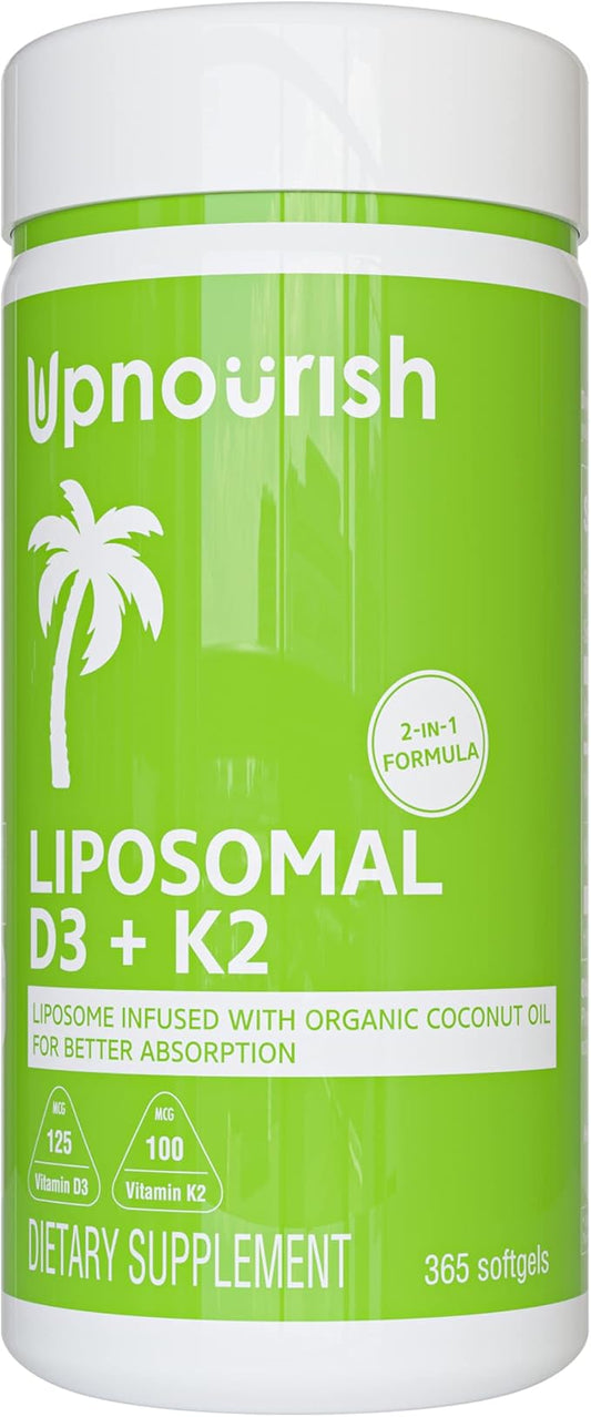 UpNourish Liposomal D3 & K2 MK-7, Advanced Absorption for Optimal Bone and Immune Health, Supplies 5000 IU 125 mcg Vitamin D3 and 100 mcg Vitamin k2 with Organic Coconut Oil, 365 Mini softgels