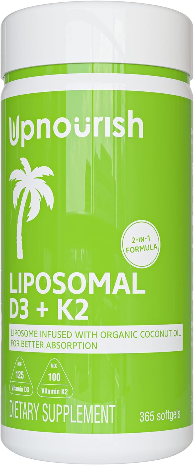 UpNourish Liposomal D3 & K2 MK-7, Advanced Absorption for Optimal Bone and Immune Health, Supplies 5000 IU 125 mcg Vitamin D3 and 100 mcg Vitamin k2 with Organic Coconut Oil, 365 Mini softgels