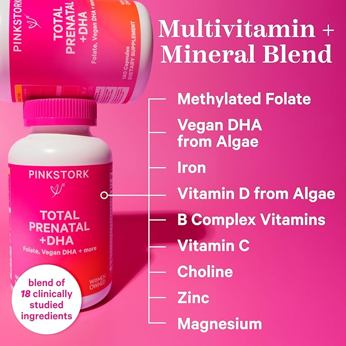 Pink Stork Total Prenatal Vitamins with DHA, Folate, and Iron, 3 Month Supply to Help Support Fetal Development, Pregnancy Must Haves - 180 Capsules