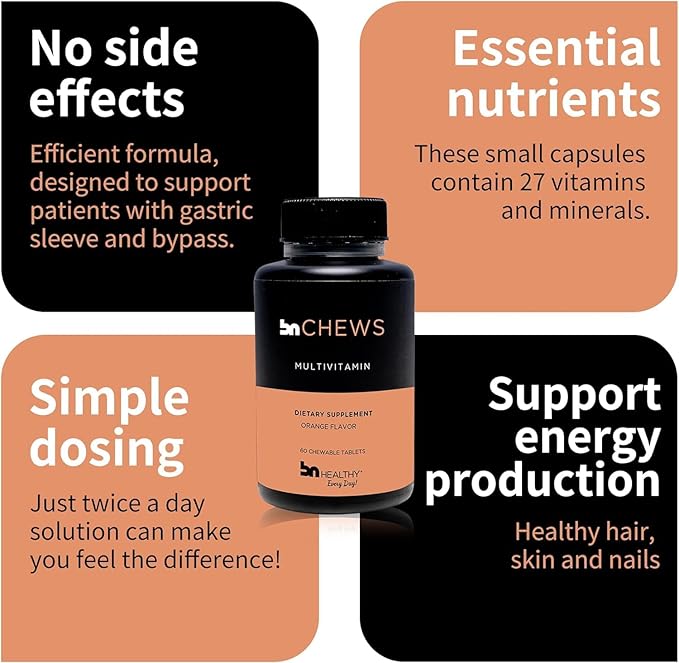 Orange Chewable Bariatric Multivitamin with Iron, 27 Essential Vitamins, Daily Multivitamin for Women Men, Gluten Free, Easy to Digest, 60 Tablets