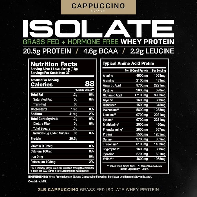 Muscle Feast Grass-Fed Whey Protein Isolate, All Natural Hormone Free Pasture Raised, Cappuccino, 2lb (37 Servings)