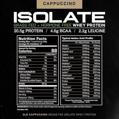 Muscle Feast Grass-Fed Whey Protein Isolate, All Natural Hormone Free Pasture Raised, Cappuccino, 2lb (37 Servings)