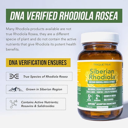 Siberian Rhodiola® Max Strength Rhodiola Rosea - 5% Rosavins, 2% Salidroside - BioPerine® Absorption Enhancement, Grown in Siberia, DNA Verified - Reduce Stress, Enhance Energy & Cognition*(60 Count)