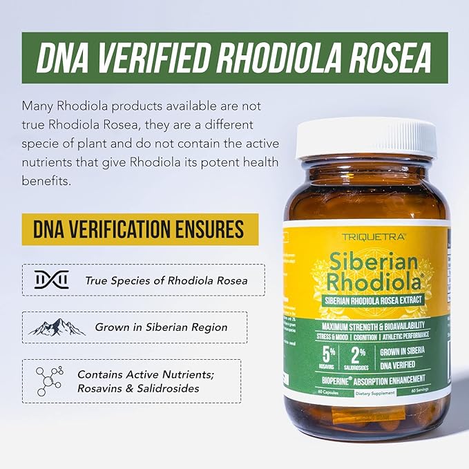 Siberian Rhodiola® Max Strength Rhodiola Rosea - 5% Rosavins, 2% Salidroside - BioPerine® Absorption Enhancement, Grown in Siberia, DNA Verified - Reduce Stress, Enhance Energy & Cognition*(60 Count)