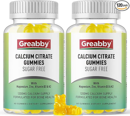 Calcium Citrate Gummies 1200 mg for Kids & Adults, Sugar Free, with Vitamin D3, K2, Magnesium, Zinc, Bone Support for Women & Elders, Natural Pineapple Flavor, 120 Gummies