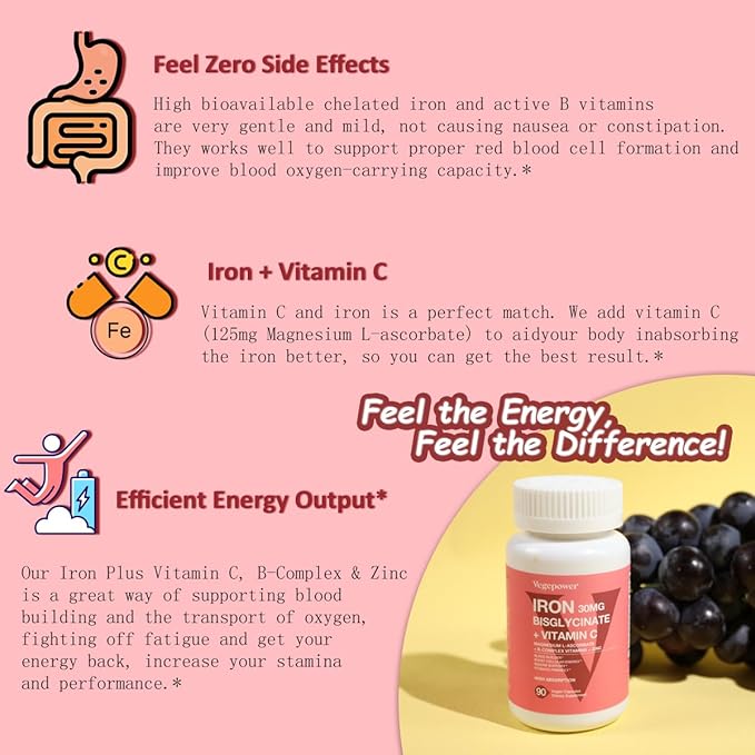 Iron Supplements for Women Men, Vegan Iron Bisglycinate 30mg Plus Vitamin C, B12, Folic Acid - Iron Pills for Anemia, Blood Builder & Energy Support - Gentle, High Absorption, Non-GMO - 90 Capsules