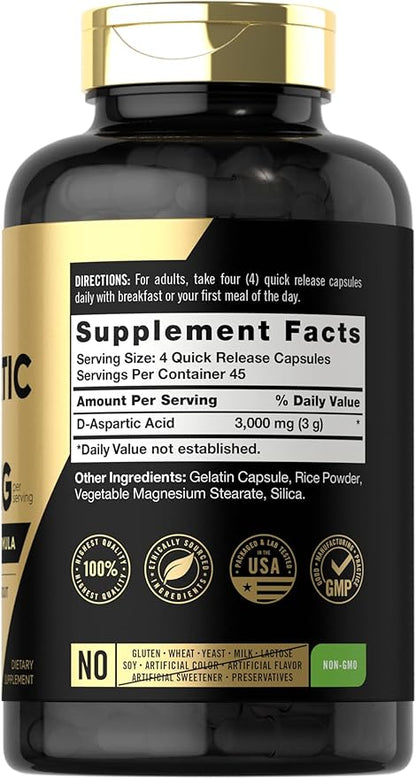 Carlyle D Aspartic Acid Capsules (DAA) | 3000mg | 180 Count | Non-GMO, Gluten Free Supplement | Advanced Athlete Formula