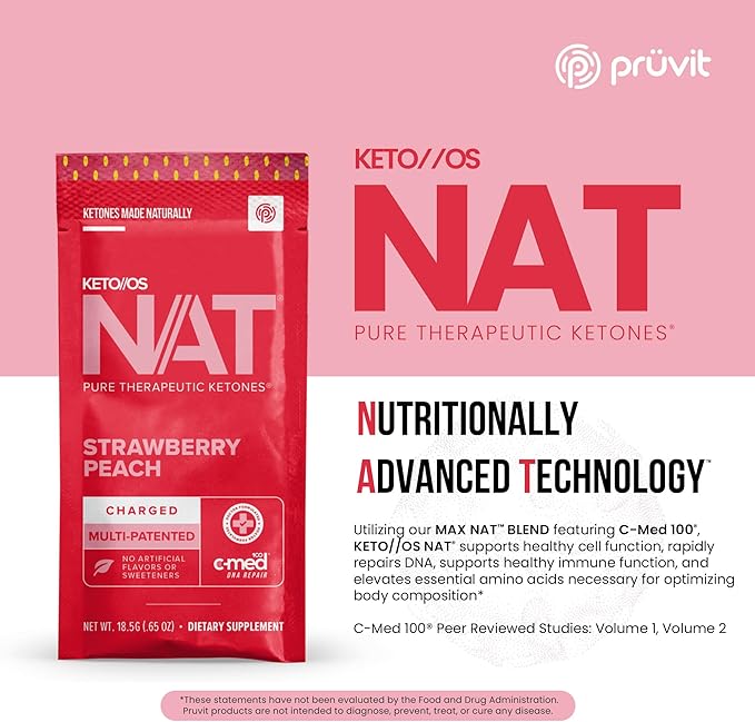 PRÜVIT Keto//OS NAT® Strawberry Peach Keto Supplements – Charged - Exogenous Ketones - BHB Salts Ketogenic Supplement for Workout Energy Boost for Men and Women (20 Count)