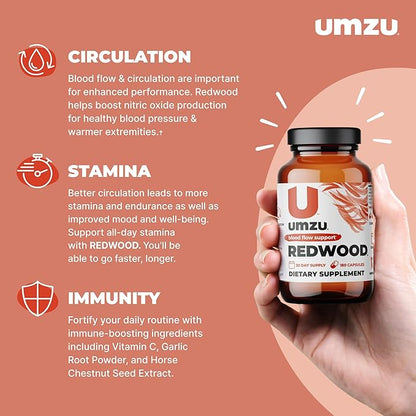UMZU Redwood Blood Flow Nitric Oxide Supplement for Men & Women, Blood Pressure, Circulation, Stamina, Energy (30 Day Supply | 180 Capsules)
