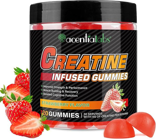 Creatine Monohydrate Gummies for Men & Women - 5g per Serving, Low Sugar Creatine Monohydrate Gummies - Increase Strength, Muscle Gain, Recovery, Endurance - Vegan, Gluten-Free,Strawberry (120 Count)