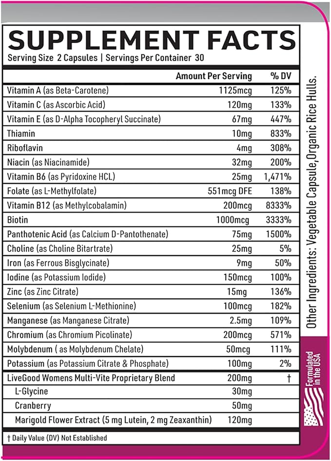 LIVEGOOD™ Women's Bio-Active Complete Multivitamin with Iron, Vitamin A, B12, C, E, Lycopene, Vegan, 60 Capsules