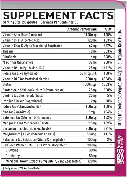 LIVEGOOD™ Women's Bio-Active Complete Multivitamin with Iron, Vitamin A, B12, C, E, Lycopene, Vegan, 60 Capsules