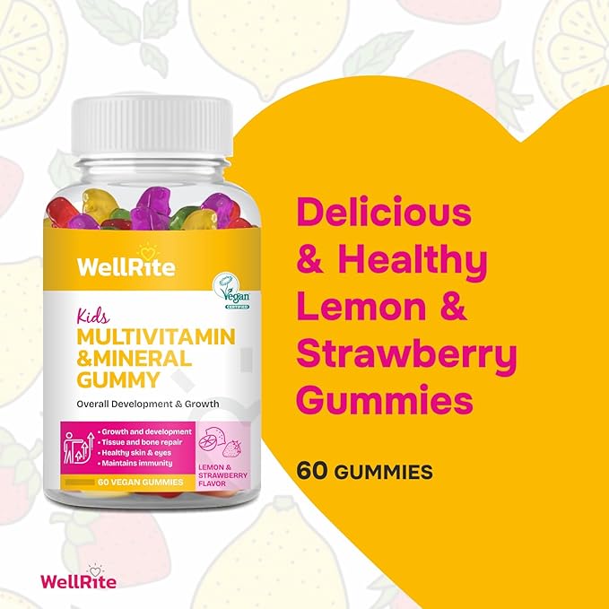 Kids Multivitamin & Mineral Gummy Vitamins which Provide Overall Development & Growth, 60 Count, Lemon & Strawberry Flavored, Vegan, Gelatin Free, Gluten Free, Nut Free