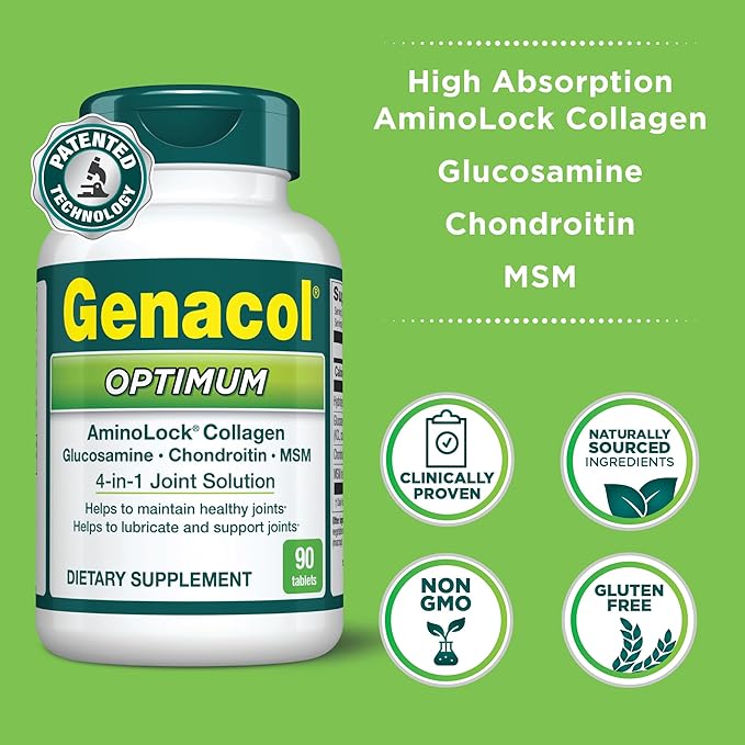 Genacol Glucosamine, Chondroitin & MSM Joint Supplement with Collagen Peptides Glucosamina Condroitina y Colageno Optimum 90 Tablets