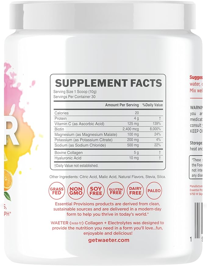 WAETER | Collagen & Electrolyte Hydration Powder | Sugar Free | Non-GMO | Gluten Free | Paleo | Soy Free | Dairy Free | Grass-Fed & Pasture Raised | 30 Servings - Citrus Splash