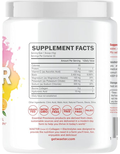 WAETER | Collagen & Electrolyte Hydration Powder | Sugar Free | Non-GMO | Gluten Free | Paleo | Soy Free | Dairy Free | Grass-Fed & Pasture Raised | 30 Servings - Citrus Splash