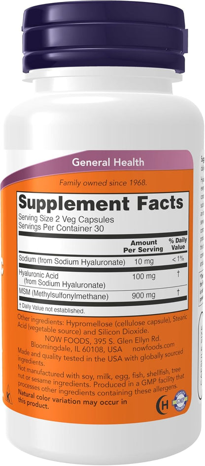 NOW Foods Supplements, Hyaluronic Acid 50 mg with MSM, Joint Support*, 60 Veg Capsules (Pack of 1)