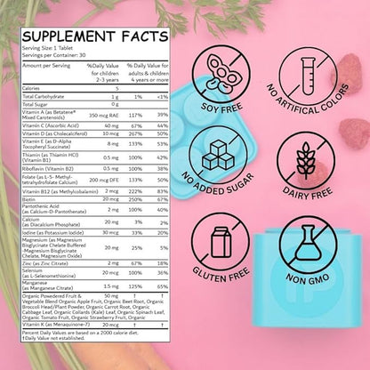Kids Multivitamin | Chewable | Sugar-Free | Vitamins A, C, D3, E, K, B1, B2, B5, B7, & B12 | Calcium, Zinc, and Magnesium for Overall Health | Fruit Punch Flavor | 30 Day Supply