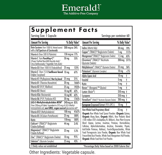 EMERALD LABS Women's 1-Daily Multi - Multivitamin for Women - Includes Calcium, Zinc, Vitamin B & More - Bone & Immune Support Supplement* - Gluten-Free - 60 Vegetable Capsules