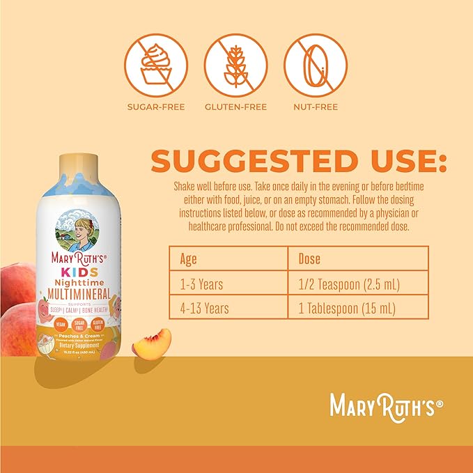 Kids Liquid Nighttime Multimineral by MaryRuth's | Kids Vitamins | Bone Health | Calm Calcium Magnesium Supplement | Vegan | Sugar Free | 30-180 Servings | 15.22 fl oz