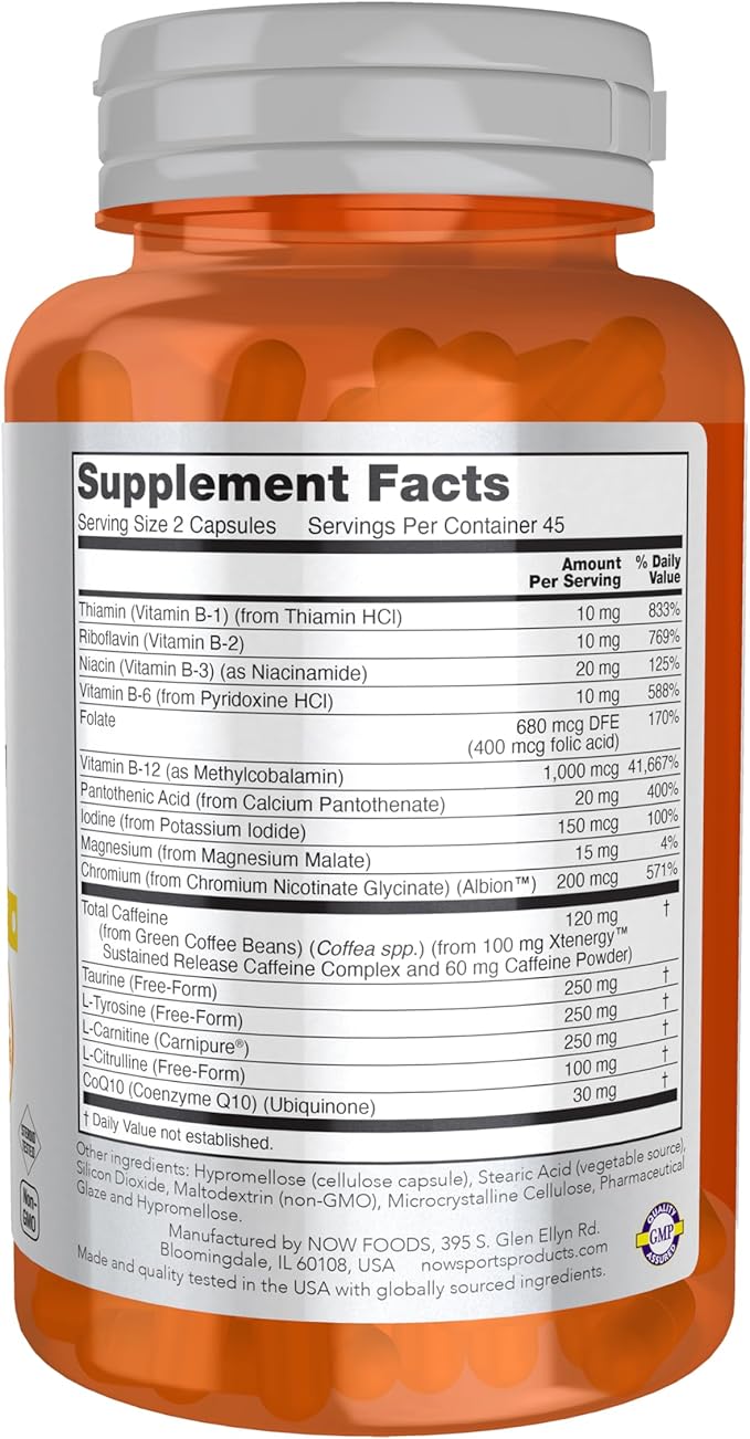 NOW Foods Sports, Sustained Energy Energy Production* Mental Alertness* Sustained Release Caffeine with B Vitamins 90 Veg Capsules