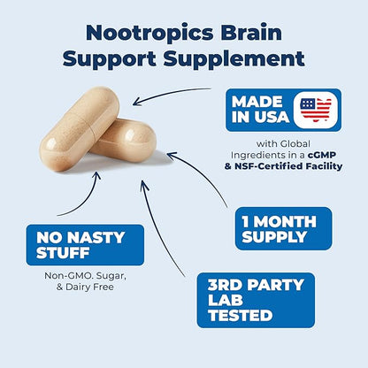 Nootropics Brain Support Supplement - Nootropic Brain Booster for Improved Focus, Concentration & Memory. Brain Nootropic for Brain Health, Mood & Energy Support. Non-GMO. Made in the USA. 60 Capsules