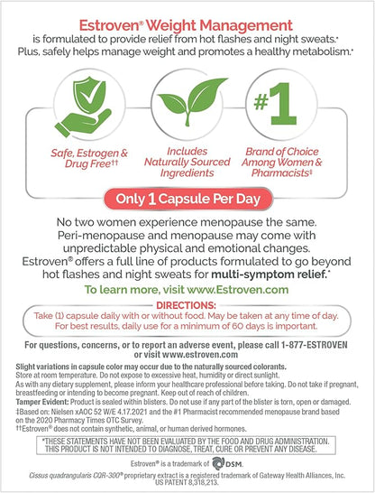 Estroven Weight Management for Menopause Relief - 30 Ct. - Clinically Proven Ingredients Help Manage Weight, Provide Night Sweats & Hot Flash Relief - Drug-Free & Gluten-Free Caplets