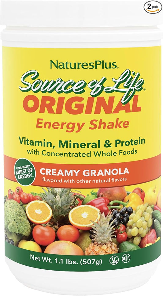 Natures Plus Source of Life Energy Shake, Creamy Granola - 1.1 lbs, Pack of 2 - Provides 13g Complete Protein, Vitamins & Minerals - Non-GMO, Gluten Free, Vegetarian - 26 Total Servings