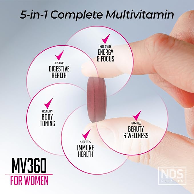 NDS Nutrition MV360 For Women, 5-in-1 Complete Multivitamin for Women with Essential Women’s Vitamins for Energy, Digestion, Toning, Immune Support, & Women’s Health & Beauty, 60 Tablets, 30 Servings