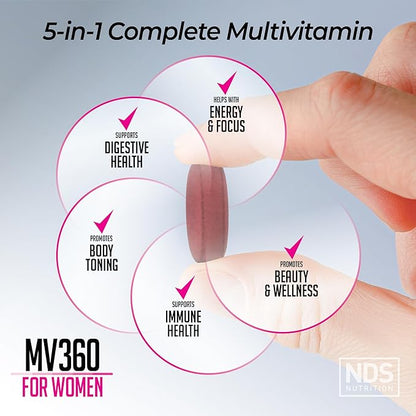 NDS Nutrition MV360 For Women, 5-in-1 Complete Multivitamin for Women with Essential Women’s Vitamins for Energy, Digestion, Toning, Immune Support, & Women’s Health & Beauty, 60 Tablets, 30 Servings