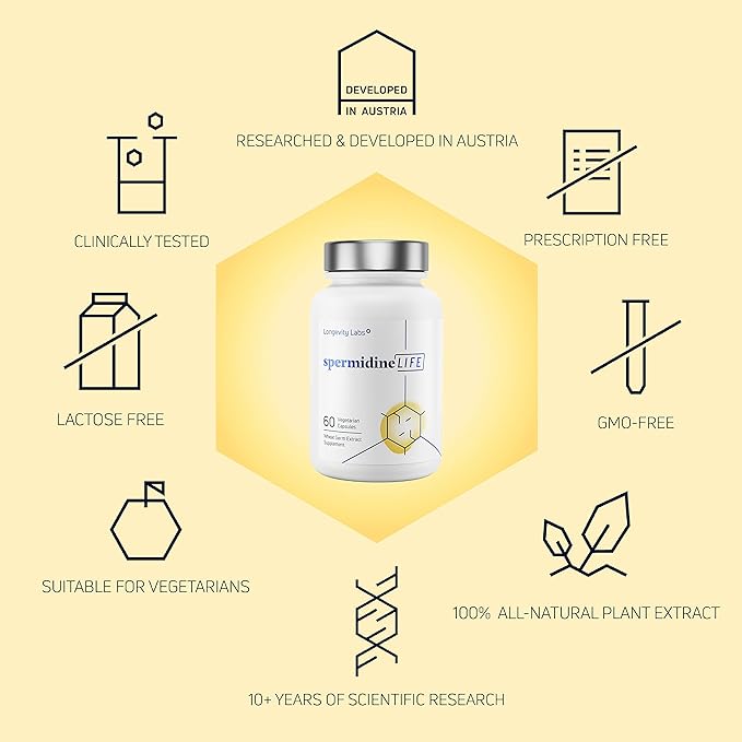 spermidineLIFE Natural Supplement, Plant-Based, Wheat Germ Extract with High Spermidine Content and Zinc for Cell Renewal, Vegan-Friendly, 60 Capsules