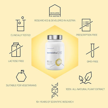 spermidineLIFE Natural Supplement, Plant-Based, Wheat Germ Extract with High Spermidine Content and Zinc for Cell Renewal, Vegan-Friendly, 60 Capsules