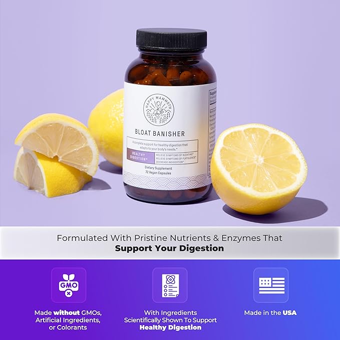 Happy Mammoth Bloat Banisher Natural Relief for Bloating, Gas, Indigestion & Discomfort. Promotes Healthy Digestion of Even Difficult Foods Like Dairy, Breads, Pizza, Cheese & Meats. 72 Caps