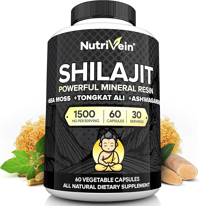 Nutrivein Shilajit Supplement 1500mg - Pure Himalayan Shilajit - Powerful Resin Extract Blended with Sea Moss, Tongkat Ali & Ashwagandha - 60 Servings