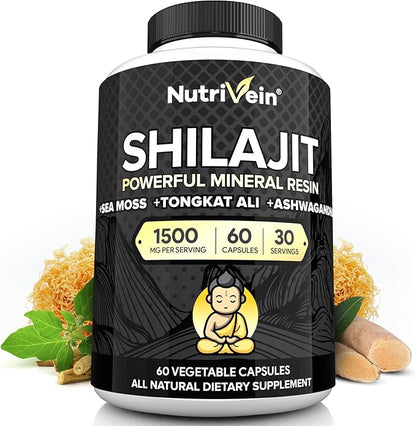 Nutrivein Shilajit Supplement 1500mg - Pure Himalayan Shilajit - Powerful Resin Extract Blended with Sea Moss, Tongkat Ali & Ashwagandha - 60 Servings